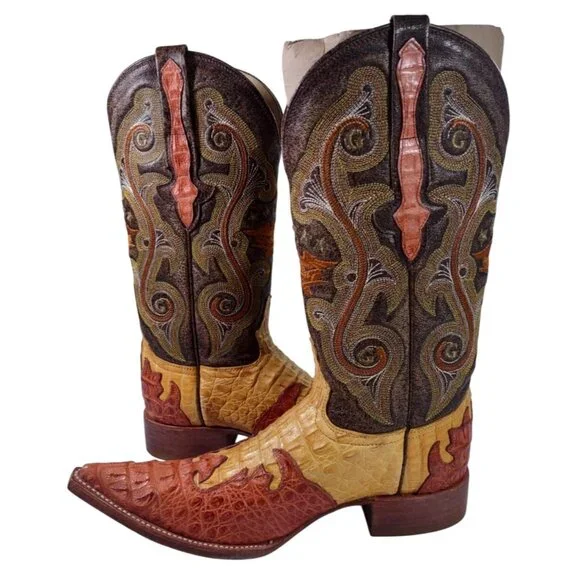 New El General Crocodile Skin Embroidered Red Yellow Brown Cowboy Boots Sz 6.5 - Picture 2 of 9